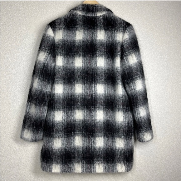Theory Shaggy Pea Coat Cafe Lithe Wool Blend Black/White Check - Picture 3 of 10